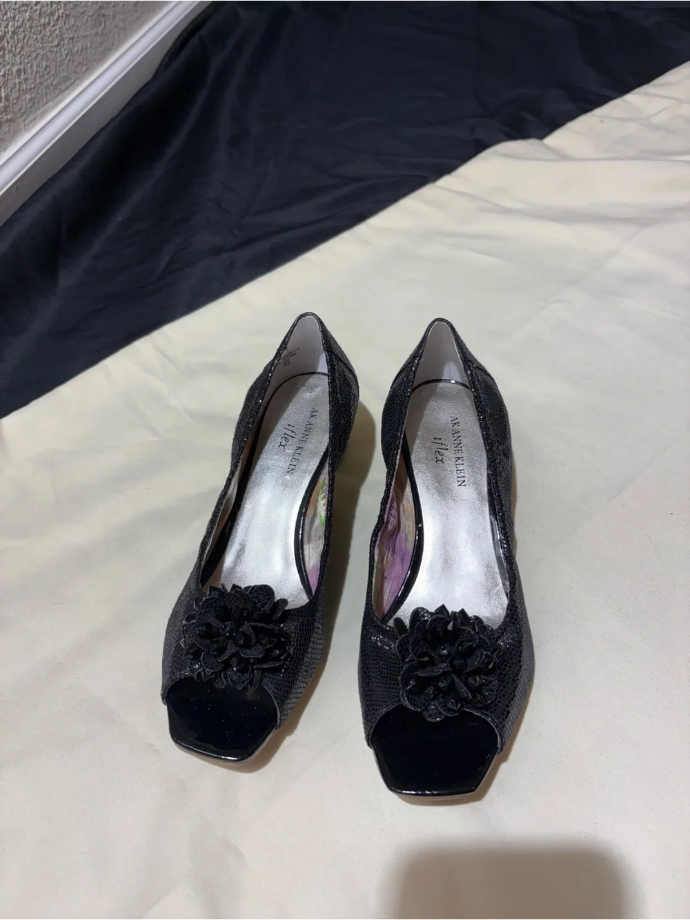 Anne Klein Black Open-Toe Pumps with Floral Rosette